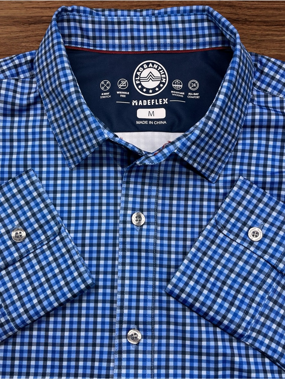 Flag & Anthem Madeflex Blue Check 4-Way Stretch Button Down Shirt. Medium